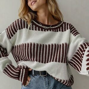 Striped Knit Sweater - Brown and White XL